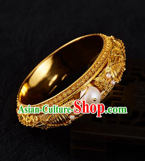 Chinese National Wedding Golden Bracelet Handmade Jewelry Accessories Classical Pearls Bangle
