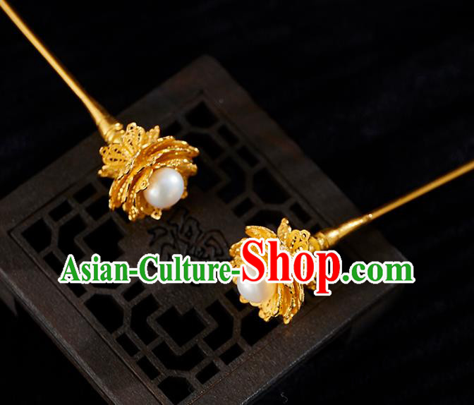 China Handmade Golden Hair Stick Jewelry Accessories Traditional Ming Dynasty Pearl Hairpin