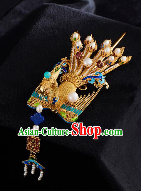 China Handmade Golden Phoenix Hair Crown Jewelry Accessories Traditional Ming Dynasty Blueing Pearls Hairpin