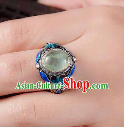 China Handmade Prehnite Ring Accessories Traditional Qing Dynasty Blueing Silver Circlet Jewelry