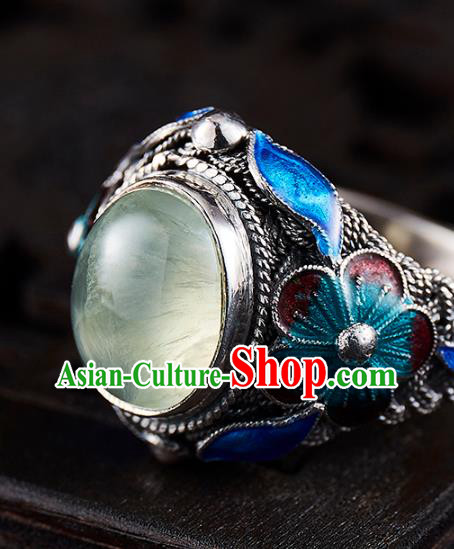 China Handmade Prehnite Ring Accessories Traditional Qing Dynasty Blueing Silver Circlet Jewelry
