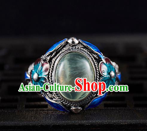 China Handmade Prehnite Ring Accessories Traditional Qing Dynasty Blueing Silver Circlet Jewelry