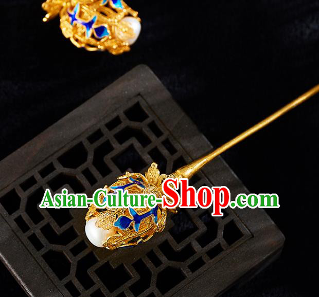 China Handmade Pearl Hair Stick Jewelry Accessories Traditional Qing Dynasty Empress Blueing Golden Hairpin