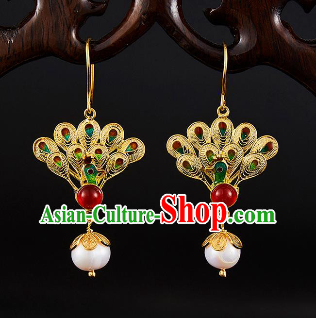 China Traditional Qing Dynasty Golden Peacock Ear Jewelry Accessories Ancient Empress Pearls Tassel Earrings