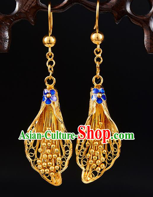 China Traditional Qing Dynasty Golden Flower Ear Jewelry Accessories Ancient Empress Blueing Plum Earrings