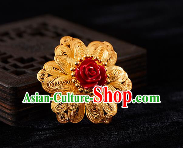China Handmade Lacquerware Carving Rose Brooch Accessories Traditional Golden Necklace Pendant Jewelry