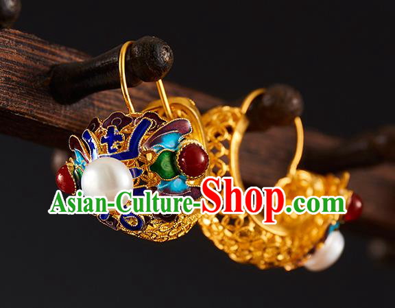 China Traditional Qing Dynasty Blueing Pearls Ear Jewelry Accessories Ancient Empress Golden Earrings