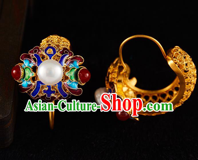China Traditional Qing Dynasty Blueing Pearls Ear Jewelry Accessories Ancient Empress Golden Earrings