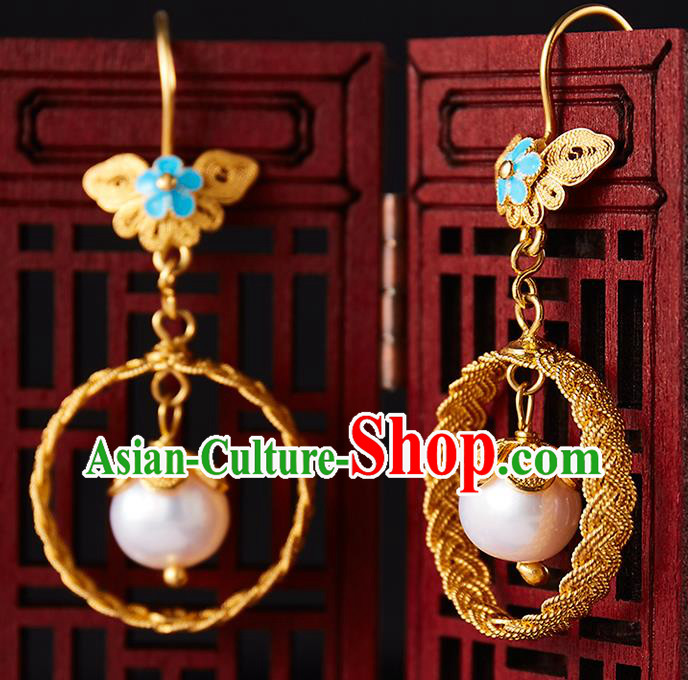China Traditional Qing Dynasty Golden Ear Jewelry Accessories Ancient Empress Pearl Earrings