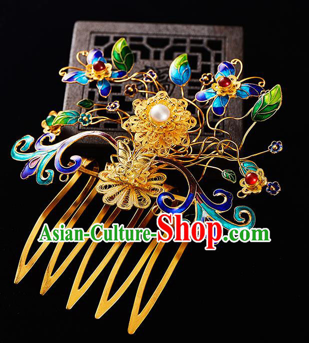 China Handmade Filigree Hairpin Jewelry Accessories Traditional Qing Dynasty Empress Blueing Butterfly Hair Comb