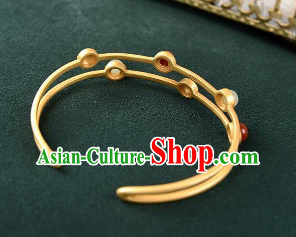 China Handmade White Chalcedony Bracelet Accessories Traditional Golden Bangle Jewelry