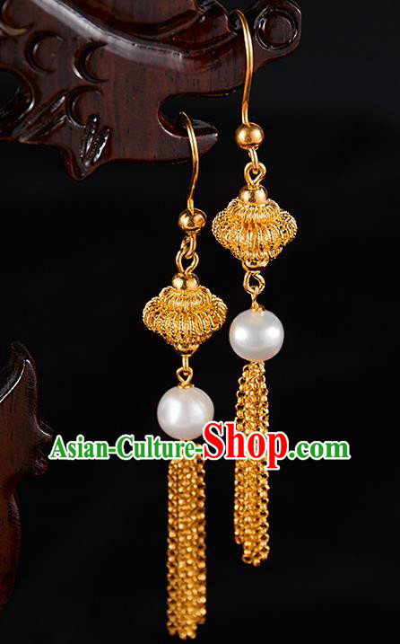 China Traditional Golden Lantern Tassel Ear Jewelry Accessories Ancient Qing Dynasty Empress Pearl Earrings