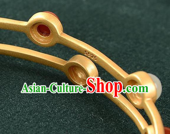 China Handmade White Chalcedony Bracelet Accessories Traditional Golden Bangle Jewelry