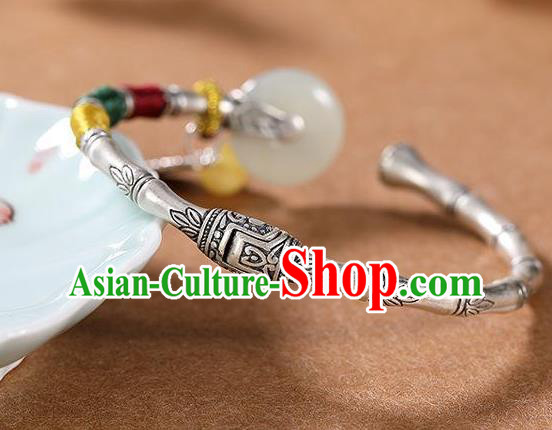 China Handmade Jade Peace Buckle Bracelet Accessories Traditional Silver Bamboo Bangle Jewelry