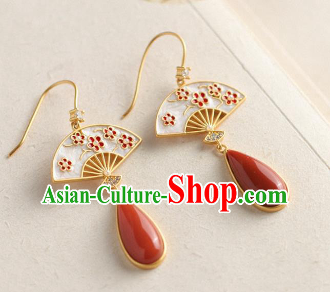 China Traditional Plum Fan Ear Jewelry Accessories Classical Cheongsam Agate Earrings