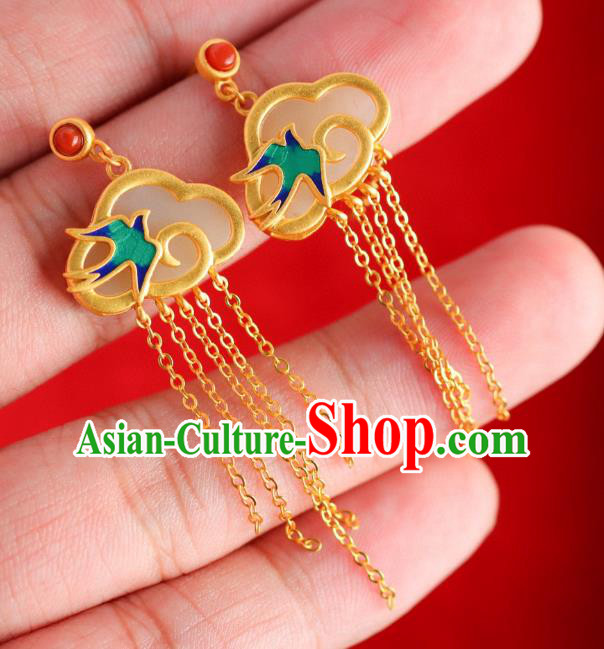 China Traditional Blueing Swallow Ear Jewelry Accessories Classical Cheongsam Golden Tassel Jade Earrings