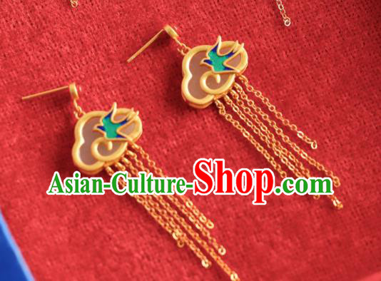 China Traditional Blueing Swallow Ear Jewelry Accessories Classical Cheongsam Golden Tassel Jade Earrings