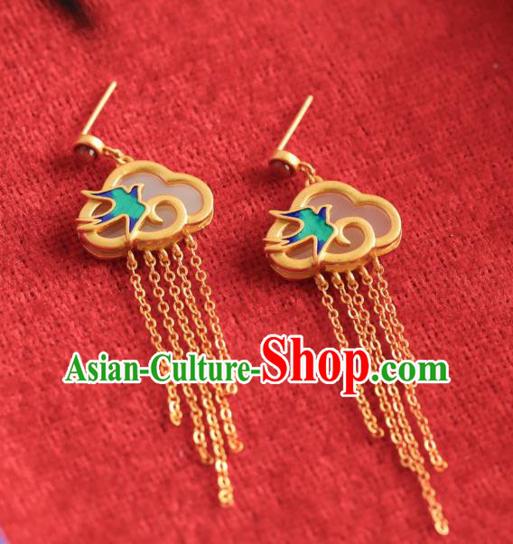 China Traditional Blueing Swallow Ear Jewelry Accessories Classical Cheongsam Golden Tassel Jade Earrings