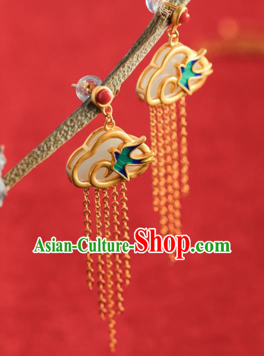China Traditional Blueing Swallow Ear Jewelry Accessories Classical Cheongsam Golden Tassel Jade Earrings