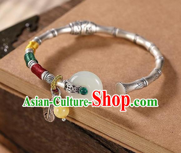 China Handmade Jade Peace Buckle Bracelet Accessories Traditional Silver Bamboo Bangle Jewelry
