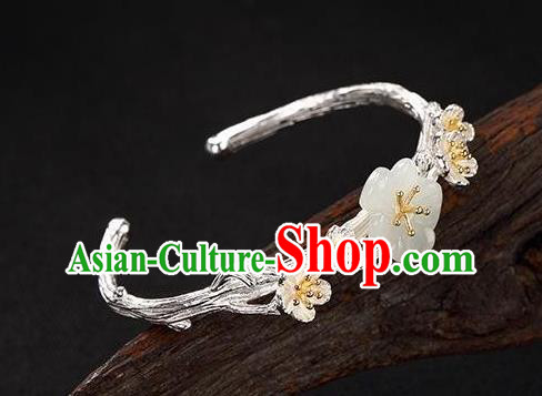China Handmade Silver Bracelet Accessories Traditional White Jade Plum Bangle Jewelry