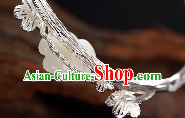 China Handmade Silver Bracelet Accessories Traditional White Jade Plum Bangle Jewelry