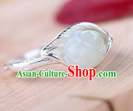 Chinese Handmade Jade Mangnolia Ring Jewelry Accessories Classical National Silver Circlet