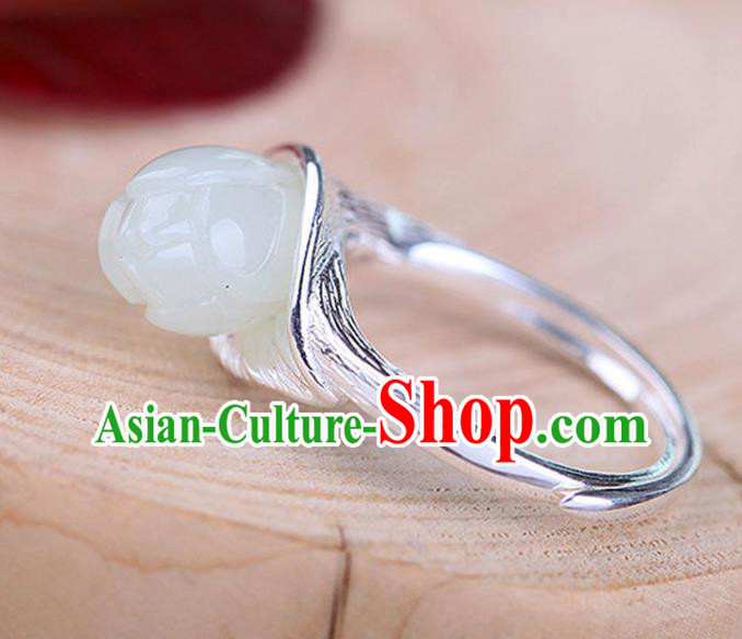 Chinese Handmade Jade Mangnolia Ring Jewelry Accessories Classical National Silver Circlet