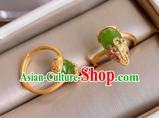 Chinese Classical National Golden Pi Xiu Circlet Handmade Chrysoprase Ring Jewelry Accessories