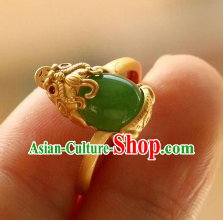 Chinese Classical National Golden Pi Xiu Circlet Handmade Chrysoprase Ring Jewelry Accessories