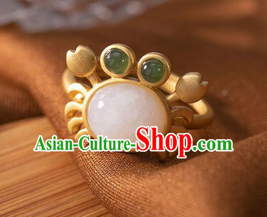 Chinese Classical National White Jade Circlet Handmade Jewelry Accessories Golden Crab Ring