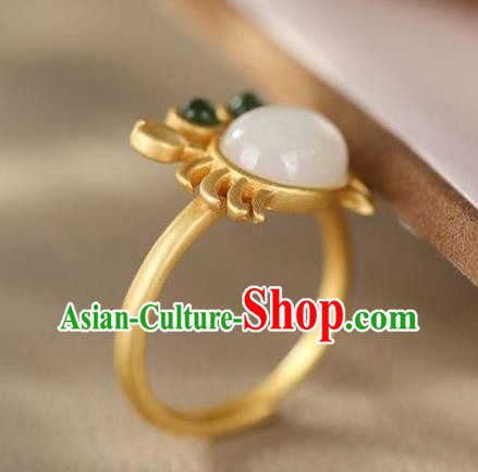 Chinese Classical National White Jade Circlet Handmade Jewelry Accessories Golden Crab Ring
