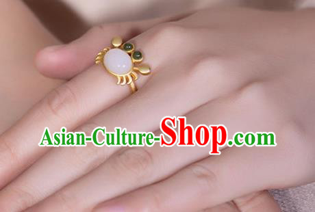 Chinese Classical National White Jade Circlet Handmade Jewelry Accessories Golden Crab Ring