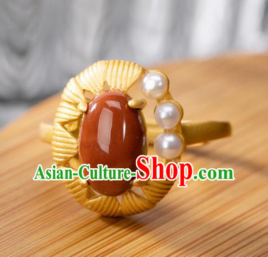 Chinese Classical Pearls Golden Circlet Handmade Jewelry Accessories National Enamel Red Ring