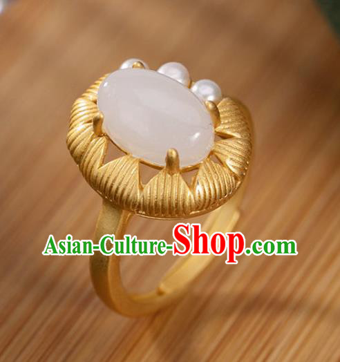 Chinese Classical White Chalcedony Circlet Handmade Jewelry Accessories National Pearls Golden Ring