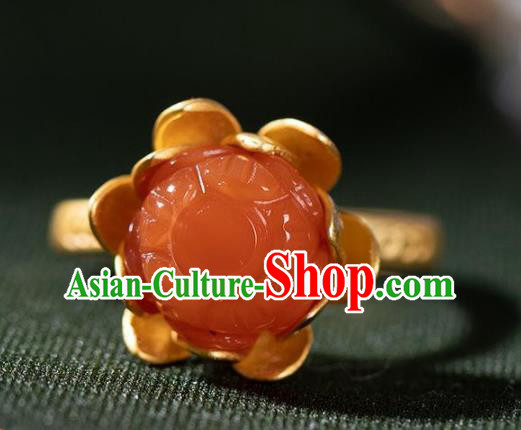 Chinese Classical Agate Lotus Circlet Handmade Jewelry Accessories National Golden Ring