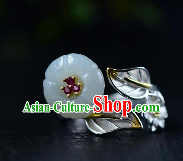 Chinese Classical Jade Plum Blossom Circlet Handmade Jewelry Accessories National Silver Carving Ring