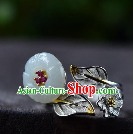 Chinese Classical Jade Plum Blossom Circlet Handmade Jewelry Accessories National Silver Carving Ring