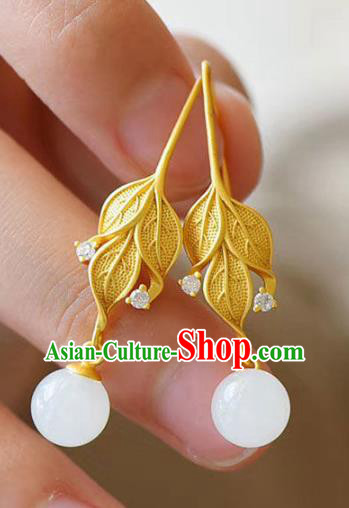 China Traditional Golden Leaf Ear Jewelry Accessories National Cheongsam Jade Bead Earrings