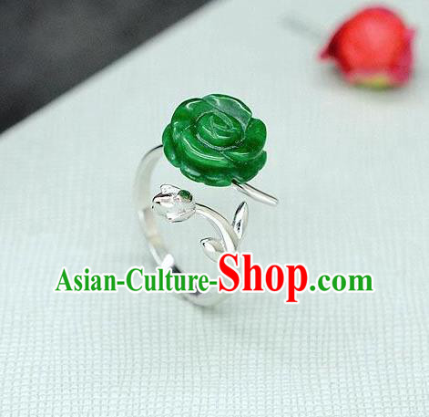 Chinese Classical Silver Circlet Handmade Jewelry Accessories National Jade Rose Ring