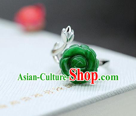 Chinese Classical Silver Circlet Handmade Jewelry Accessories National Jade Rose Ring