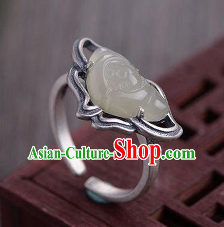 Chinese National Silver Lotus Ring Handmade Jewelry Accessories Classical Jade Circlet
