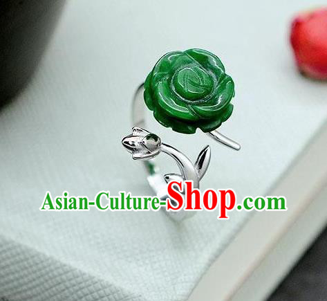 Chinese Classical Silver Circlet Handmade Jewelry Accessories National Jade Rose Ring
