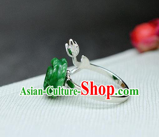 Chinese Classical Silver Circlet Handmade Jewelry Accessories National Jade Rose Ring