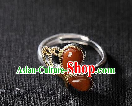 Chinese National Silver Butterfly Ring Handmade Jewelry Accessories Classical Agate Circlet