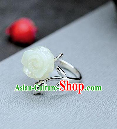 Chinese National White Jade Rose Ring Classical Silver Circlet Handmade Jewelry Accessories