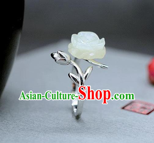 Chinese National White Jade Rose Ring Classical Silver Circlet Handmade Jewelry Accessories