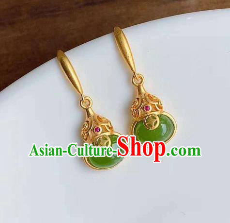 China Traditional Green Jade Ear Jewelry Accessories National Cheongsam Golden Gourd Earrings