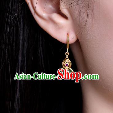 China Traditional Green Jade Ear Jewelry Accessories National Cheongsam Golden Gourd Earrings