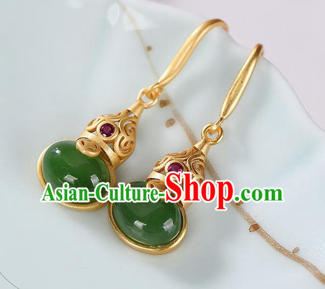 China Traditional Green Jade Ear Jewelry Accessories National Cheongsam Golden Gourd Earrings
